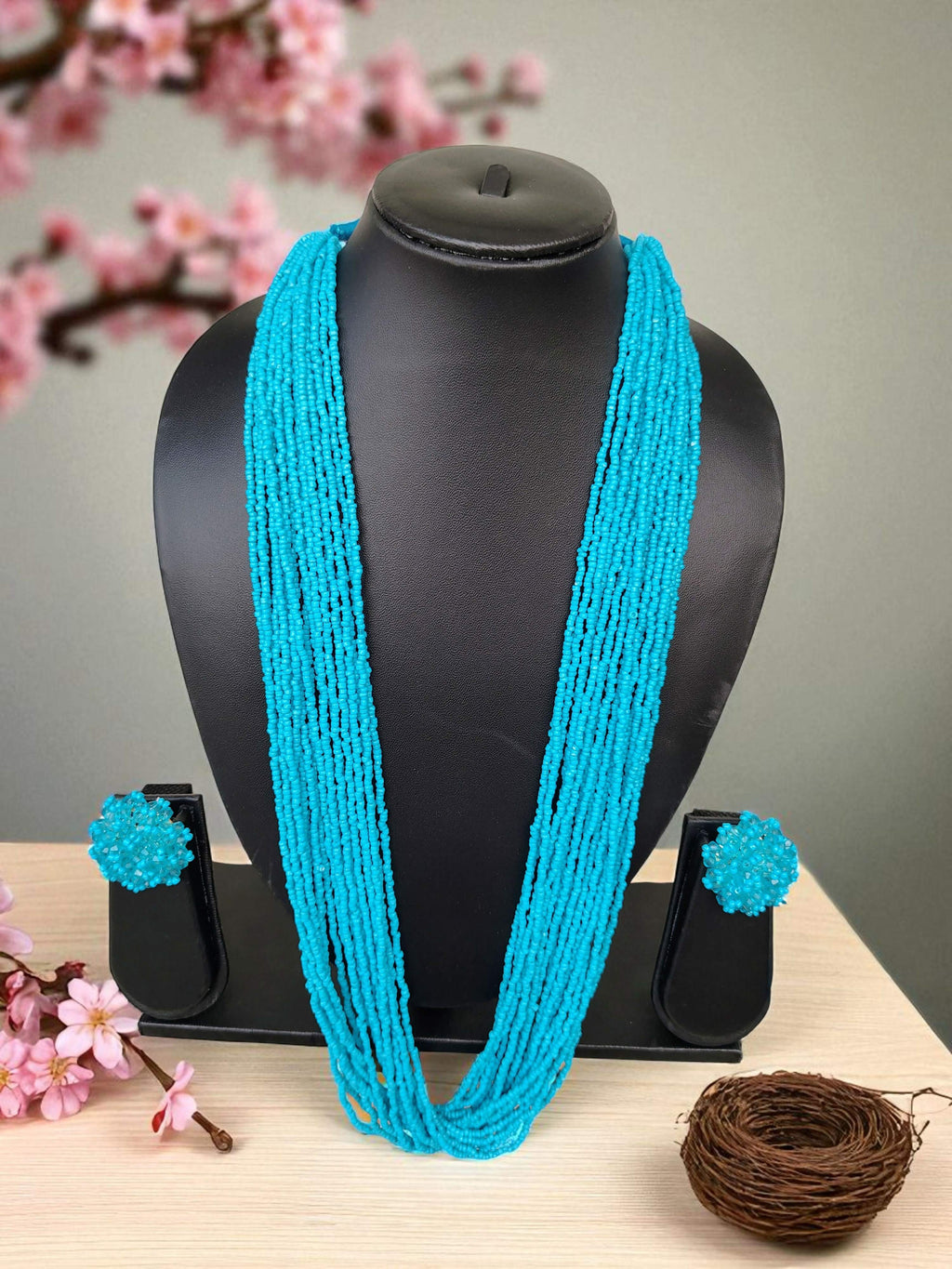 Inhanns Rangsaaz 20-Layer Luxe Long Beaded Necklace (With Optional Statement Earrings) - Sky Blue With Earring