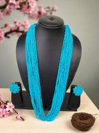 Inhanns Rangsaaz 20-Layer Luxe Long Beaded Necklace (With Optional Statement Earrings) - Sky Blue With Earring