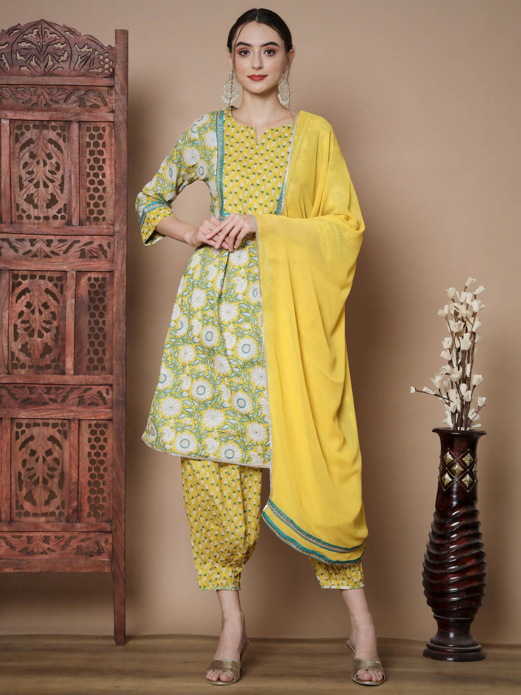 Myshka Women's Yellow A-Line Kurta & Salwar With Dupatta