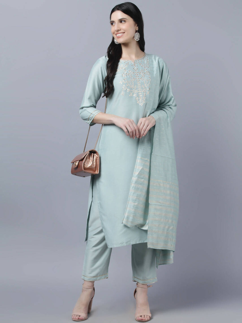 Myshka Women Grey Yoke Design Gotta Patti Kurta with Trousers Dupatta Set - Distacart