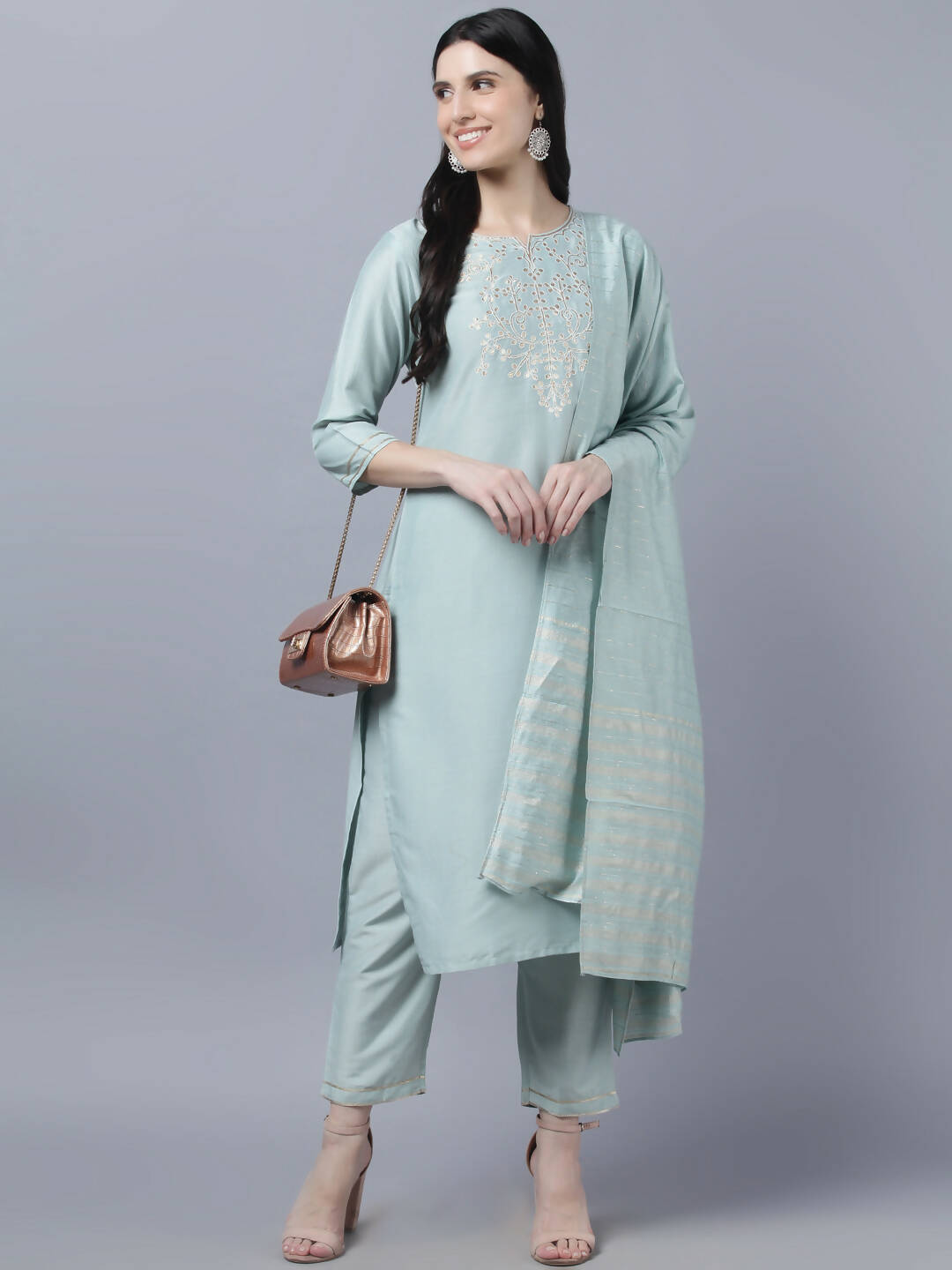 Myshka Women Grey Yoke Design Gotta Patti Kurta with Trousers Dupatta Set - Distacart