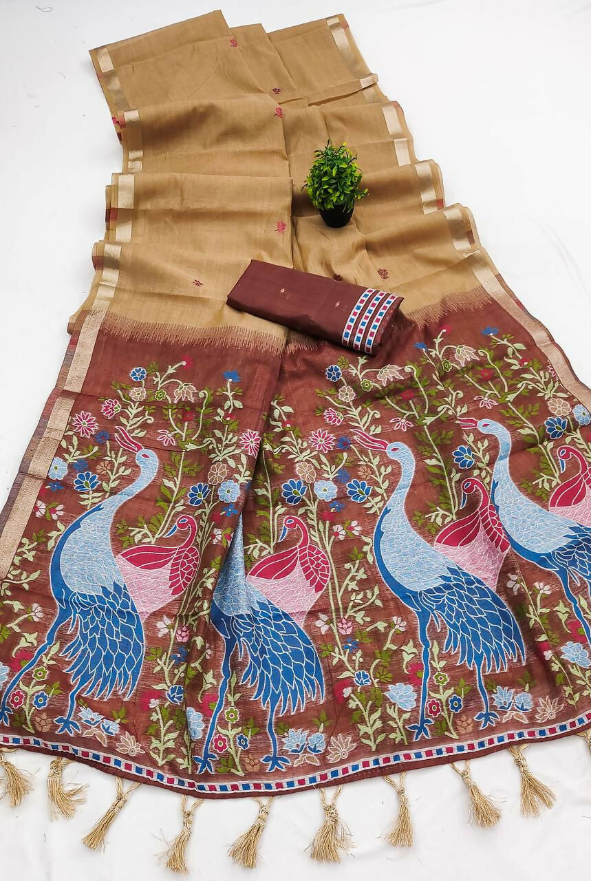 Vastranavya Cream Muga Cotton Meenakari & Azarakh Pallu Saree with Contrast Blouse - Distacart