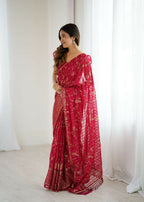 PR Fashion Pink Georgette Patta Plain With Foil Work And Small Lace And Zalar Lace Saree