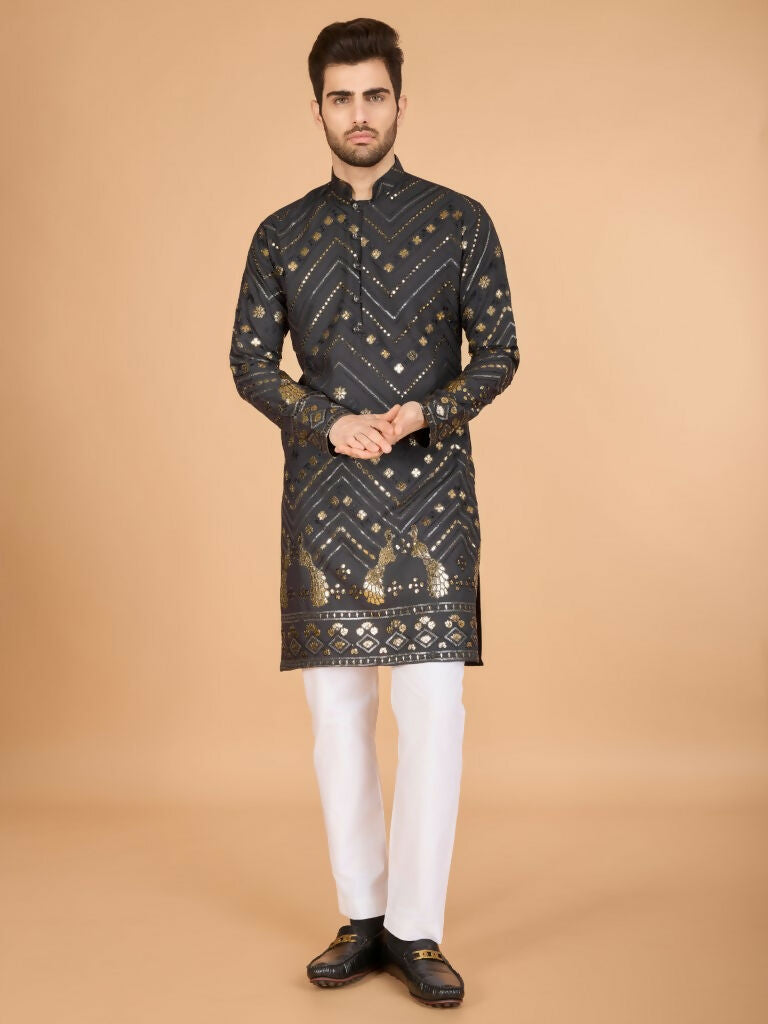 Vastranavya Slate Grey Exclusive Festival Wear Pure Viscose Rayon Embroidered Sequence Work Kurta