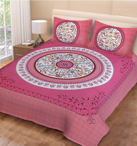 Vamika Printed Cotton Pink Circleleaf Bedsheet With Pillow Covers (PM Circleleaf Pink)