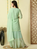 Myshka Women's Green Georgette Kurti & Skirt With Dupatta Party Sets