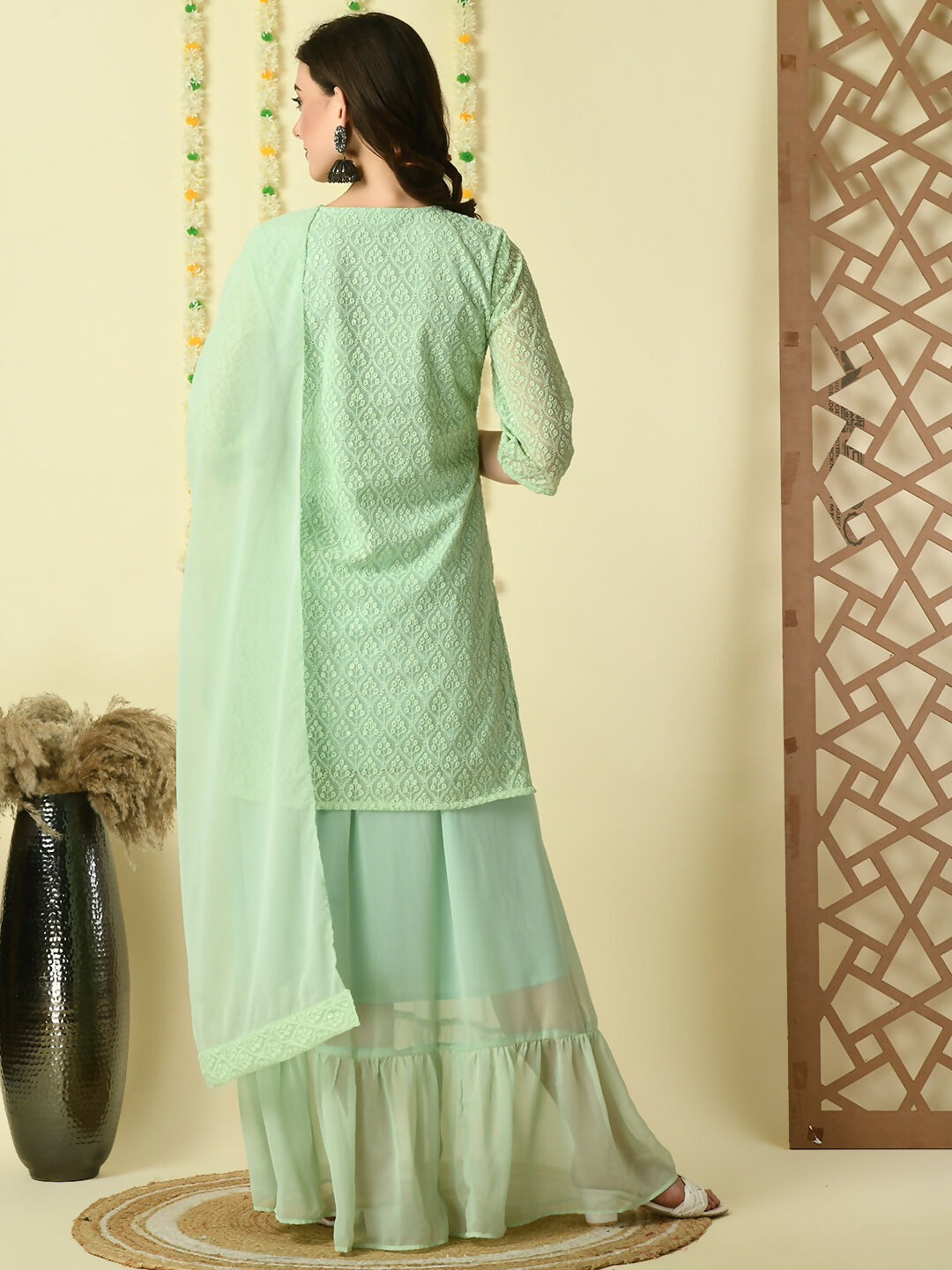 Myshka Women's Green Georgette Kurti & Skirt With Dupatta Party Sets