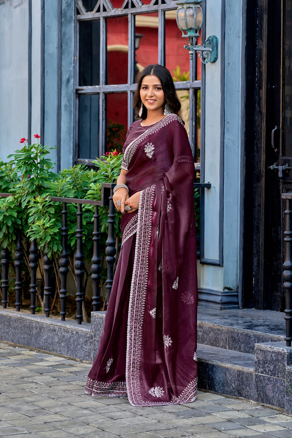 Vastranavya Wine Embroidery Work Shimmer Chiffon Saree with Unstitched Blouse - Distacart