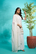 Aayaa Designer Faux Gorgette Embroidery Zari Sequins Thread work Full Flaired plazzo Suit with Dupatta - Off White