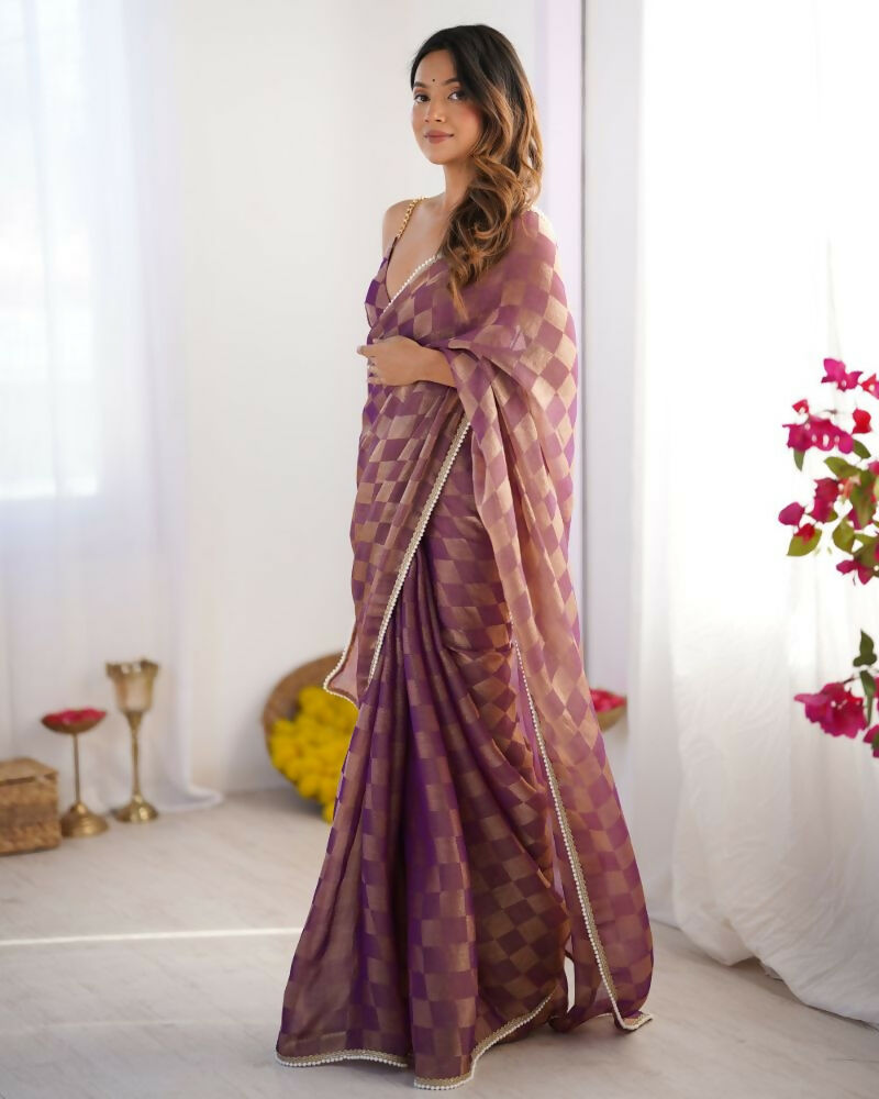 NC Chiffon Chex Wevon Chex Designer, Lace Party Wear Saree - Purple