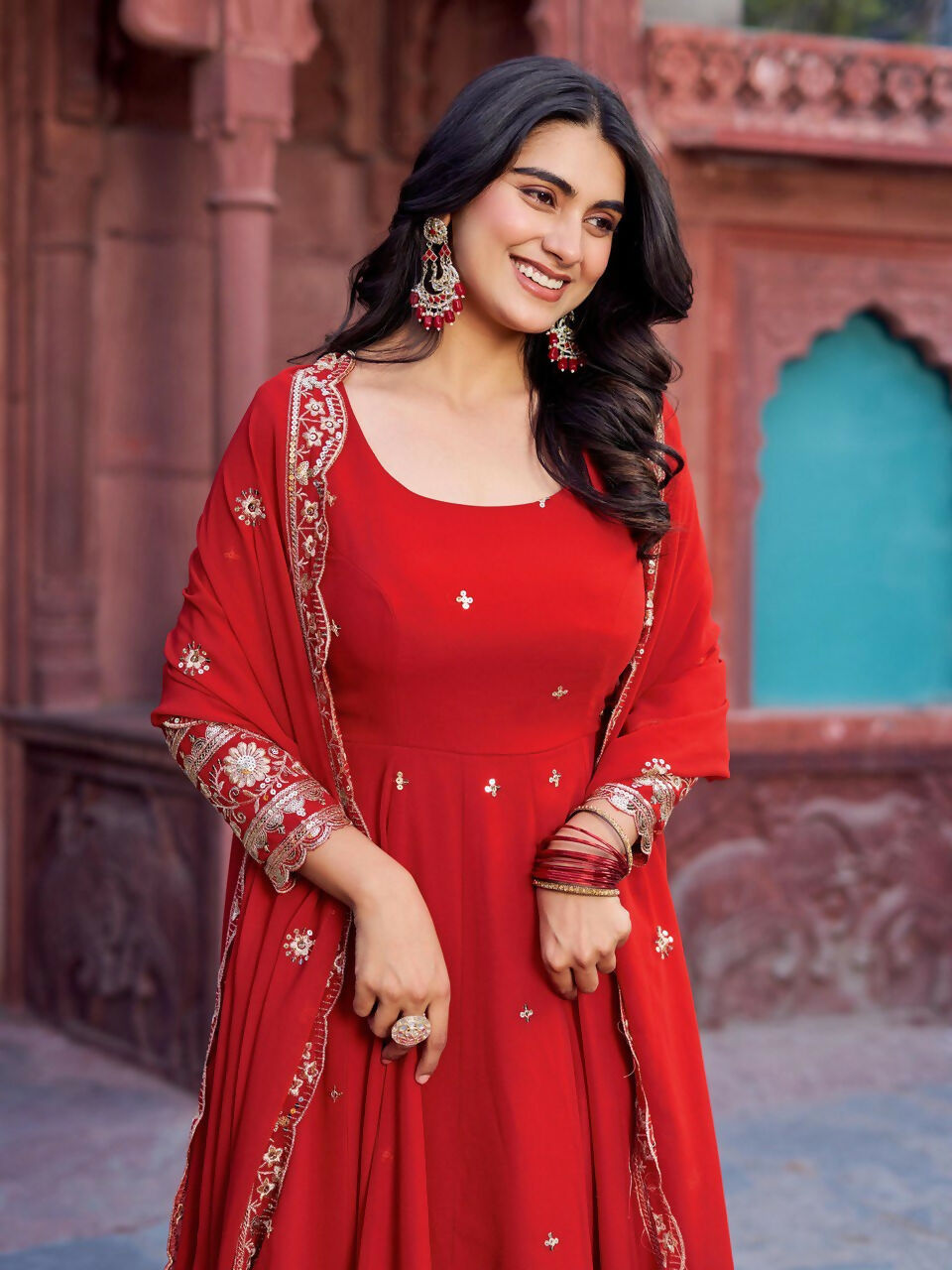 The52 Women's Beautiful Faux Georgette Fabric Embroidery Work Flared Anarkali Pant and Dupatta Set - Distacart