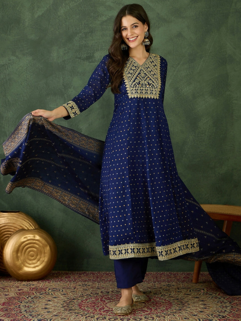 The52 Blue Women's Gorgeous Embroidered Work Vichitra Silk Fabric Flared Kurta Pant and Dupatta Set - Distacart