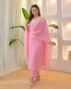 The52 Pink Women's Beautiful Chikankari Work Chanderi Fabric Straight Kurta Pant and Dupatta Set - Distacart