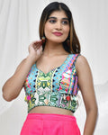Amodini Designer Studio Vibrant Geometric Print Jacquard Green Blouse for Women