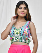 Amodini Designer Studio Vibrant Geometric Print Jacquard Green Blouse for Women