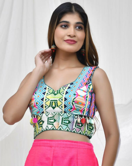 Amodini Designer Studio Vibrant Geometric Print Jacquard Green Blouse for Women