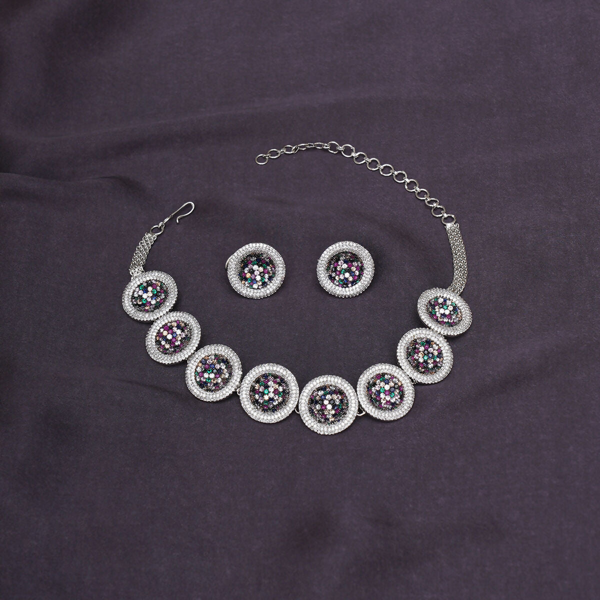 Multi Diamond and Stone Neckpiece with Studs- Ruby Raang