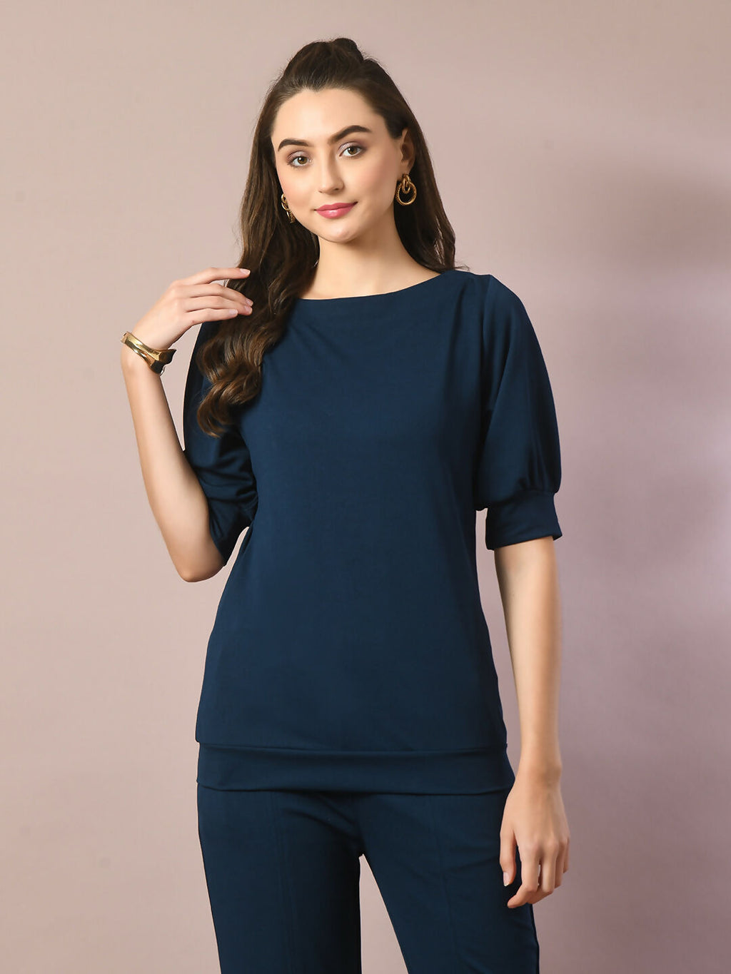 Myshka Women's Blue Solid Boat Neck Party Top