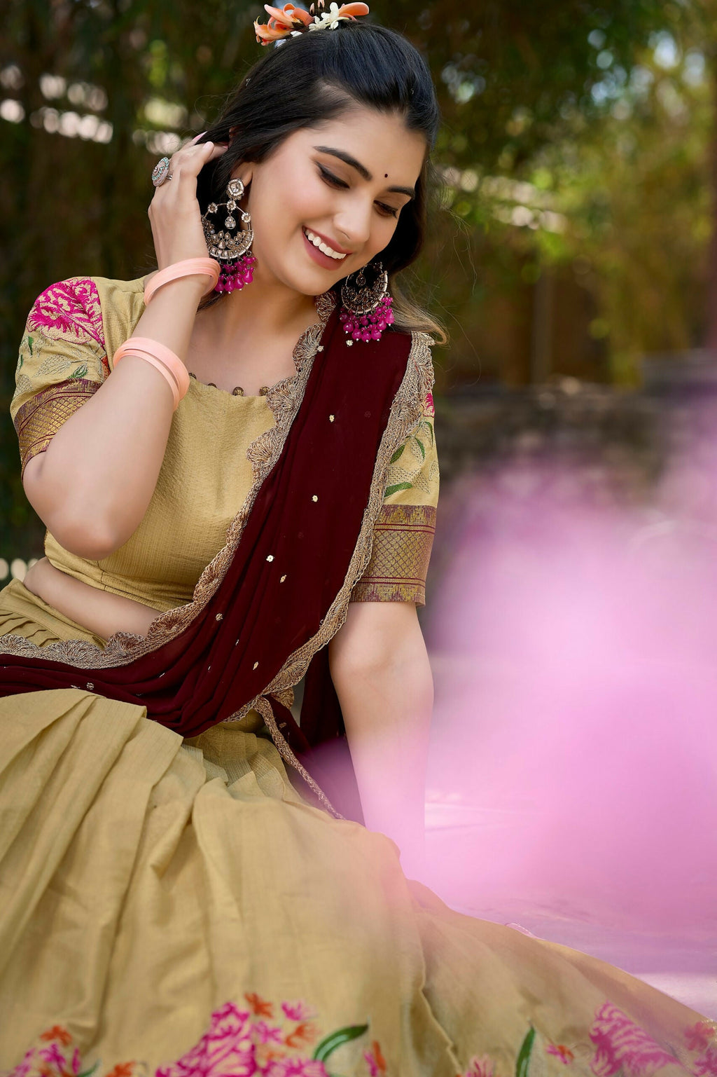 Vastranavya Stunning Cotton Silk Thread Embroidery Work Lehenga Choli - Cream