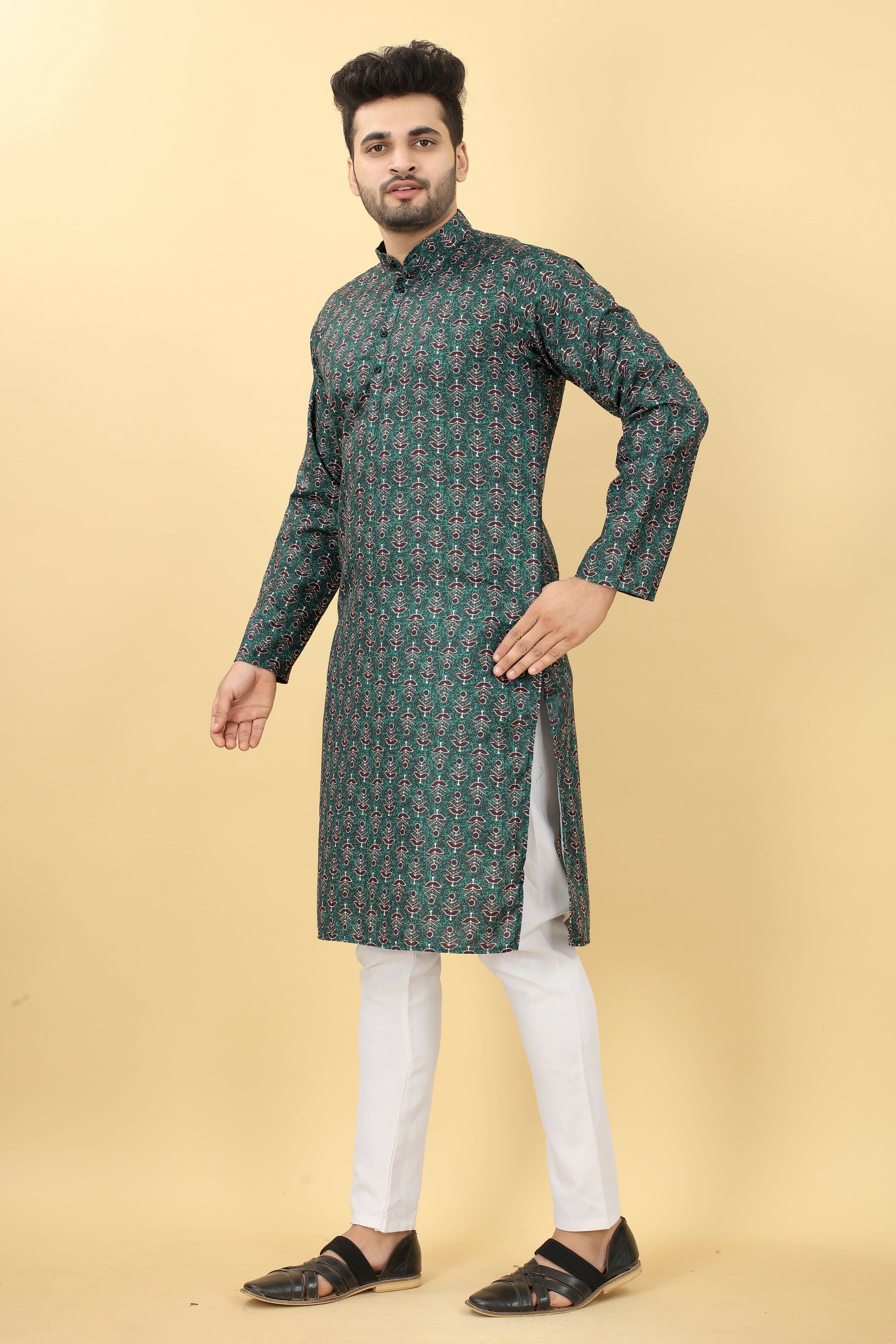 Teal Cotton Printed Men's Kurta - Mahotsav
