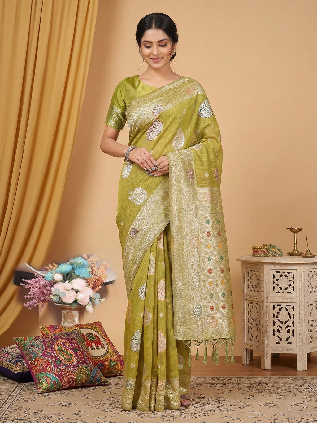 Shree Shyam Fashion Mustard Linen Cotton Saree - Distacart