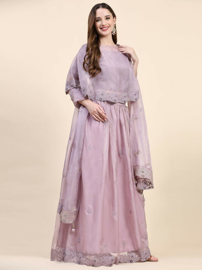 Purple Silk Embroidered Poncho Pattern Top & Lehenga with Dupatta - Tanya