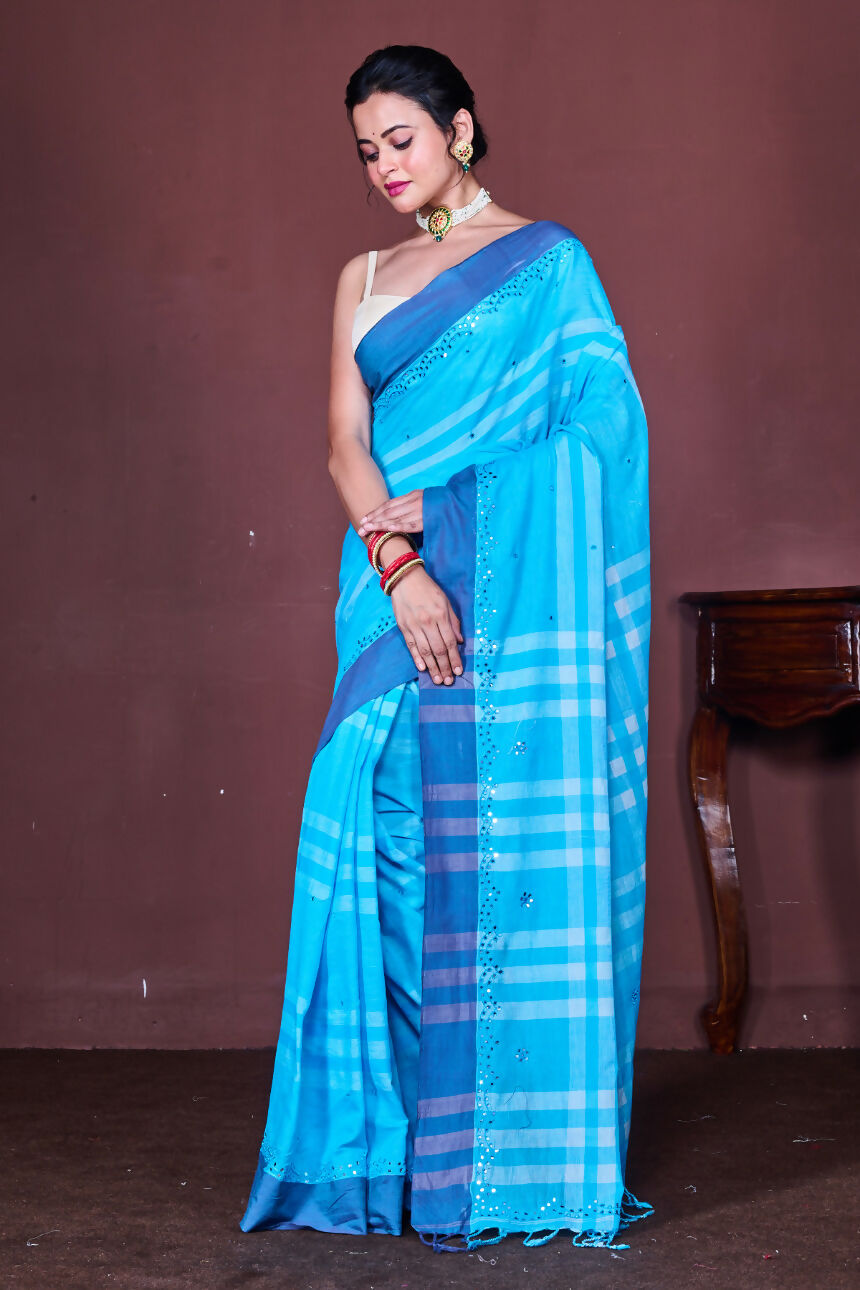 Morchari Blue Cotton Handloom Mirror Work Saree Unstitched Blouse - Distacart