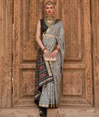 Grey Silk Geometric Printed Saree With Unstitched Blouse Piece - Aanchal