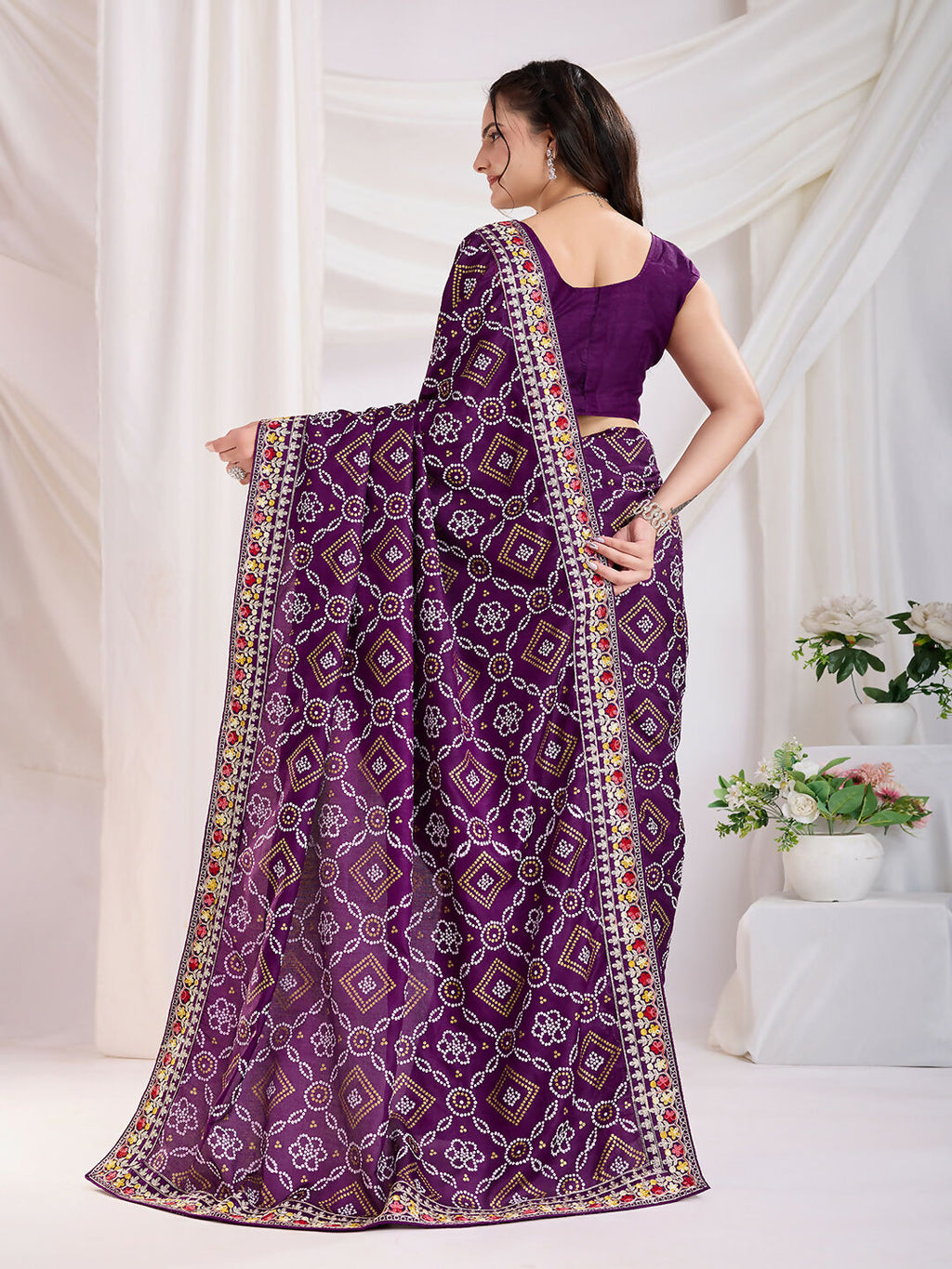 Voilet Vichitra Silk Bandhani Printed, Embroidery Work Saree - Ditya