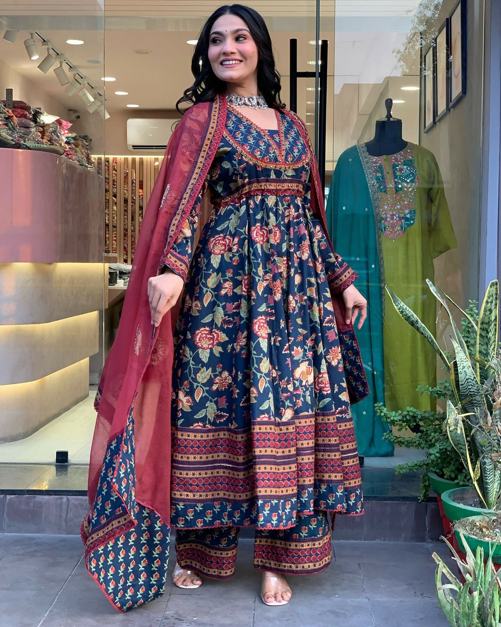 The52 Women's Beautiful Cotton Fabric Printed Work Flared Kurta Palazzo and Dupatta Set - Distacart