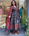 The52 Women's Beautiful Cotton Fabric Printed Work Flared Kurta Palazzo and Dupatta Set - Distacart