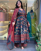 The52 Women's Beautiful Cotton Fabric Printed Work Flared Kurta Palazzo and Dupatta Set - Distacart