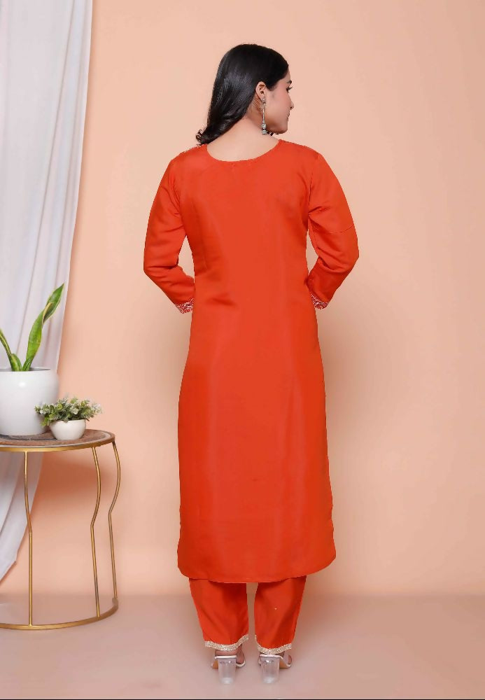Miravan Womens Orange Embroidered Straight Kurta With Palazzo And Dupatta Set - Distacart