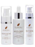 Flawora Anti-Grey Hair Serum, Anti Acne Serum and D-Tan Lotion Combo