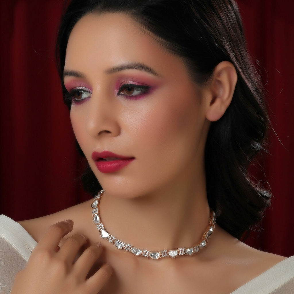 Kundan and Daimond Neckpiece (Gold) - Ruby Raang