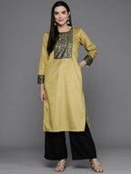 Ahalyaa Women Floral Yoke Design Gotta Patti Velvet Kurta - Mustard Color