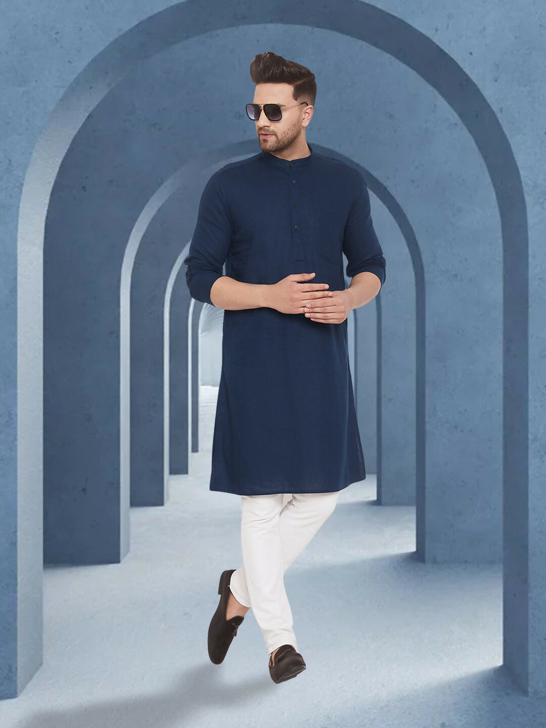 Even Apparels Men's Pure Cotton Blue Kurta