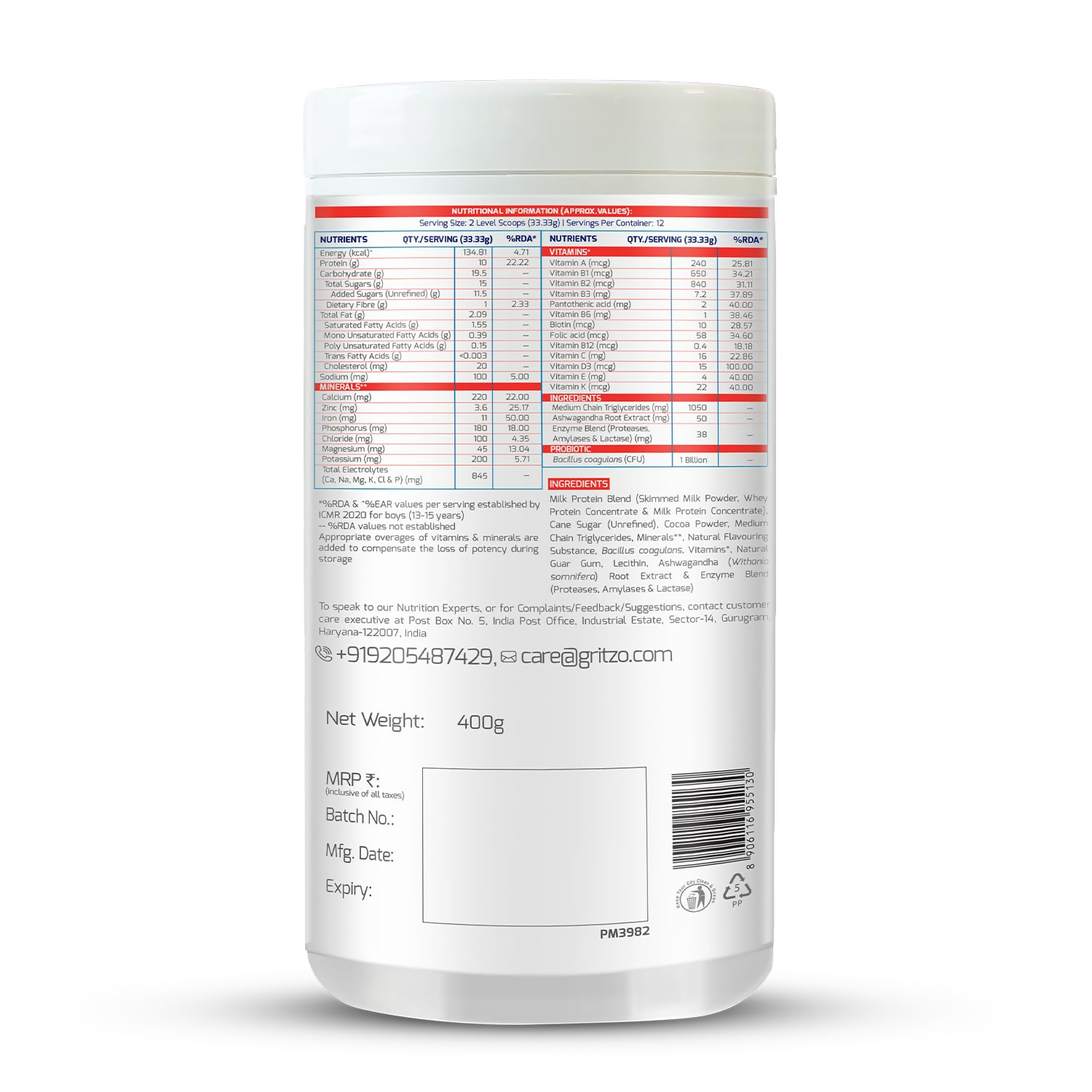 Gritzo SuperMilk Weight+ (13+y Boys), 10g Protein Powder (Double Chocolate) - Distacart