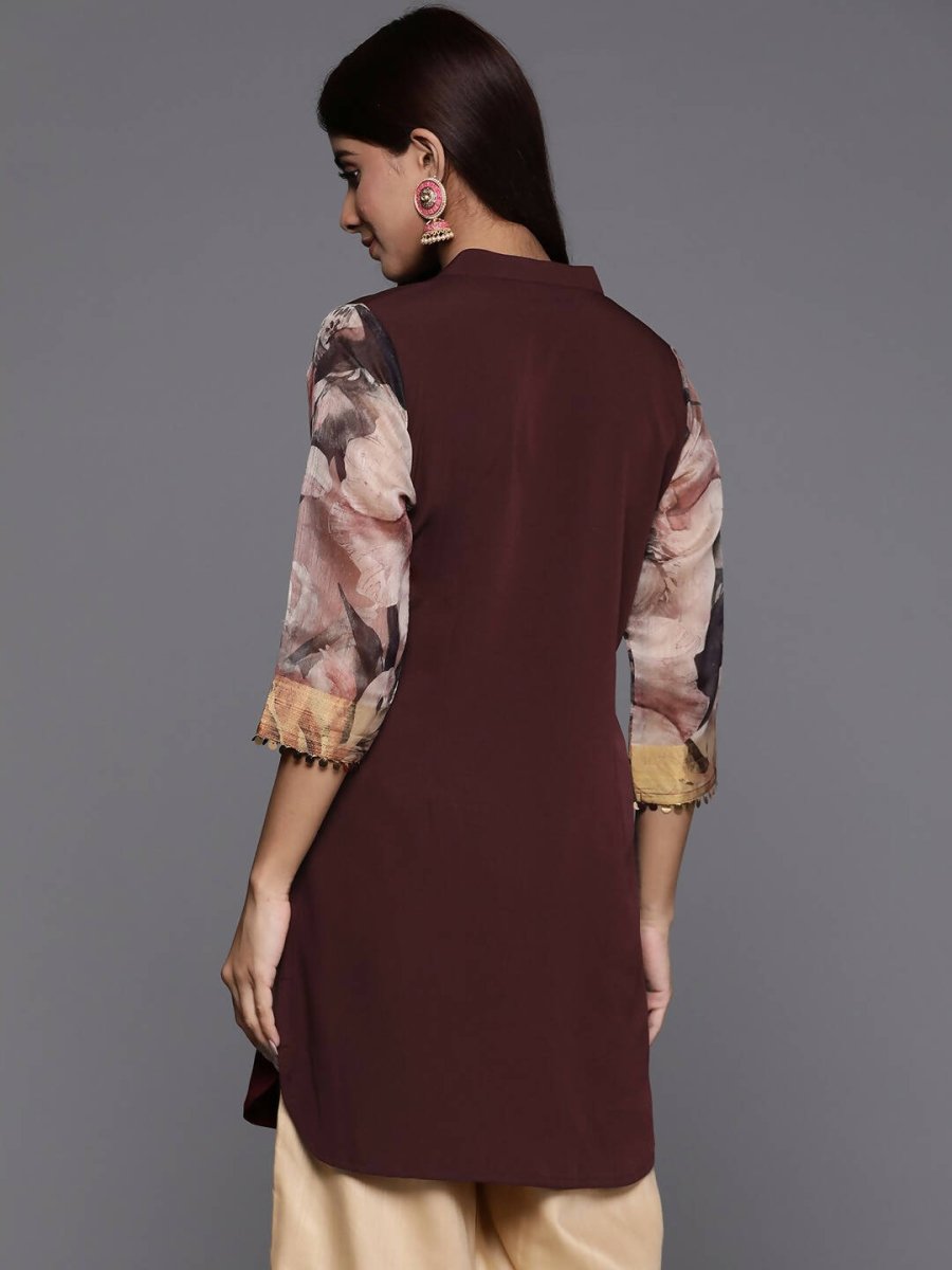 Ahalyaa Brown & Gold-Toned Mandarin Collar Printed Tunic - Brown Color