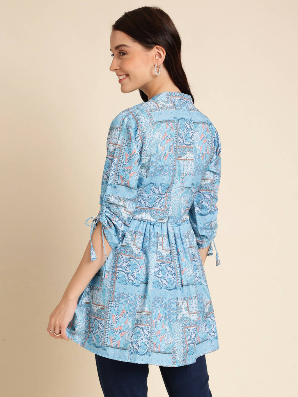 Light Blue Poly Rayon Digital Printed A-line Top - Tarini