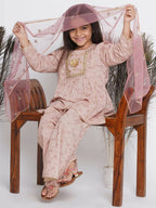 Little Bansi Floral Shiffli Kurta With Plazzo And Dupatta - Brown