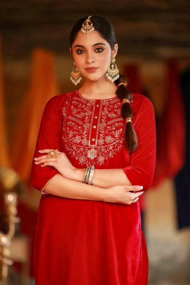 Juniper Women Fuchsia Velvet Embroidered Straight Kurta Sets - Distacart