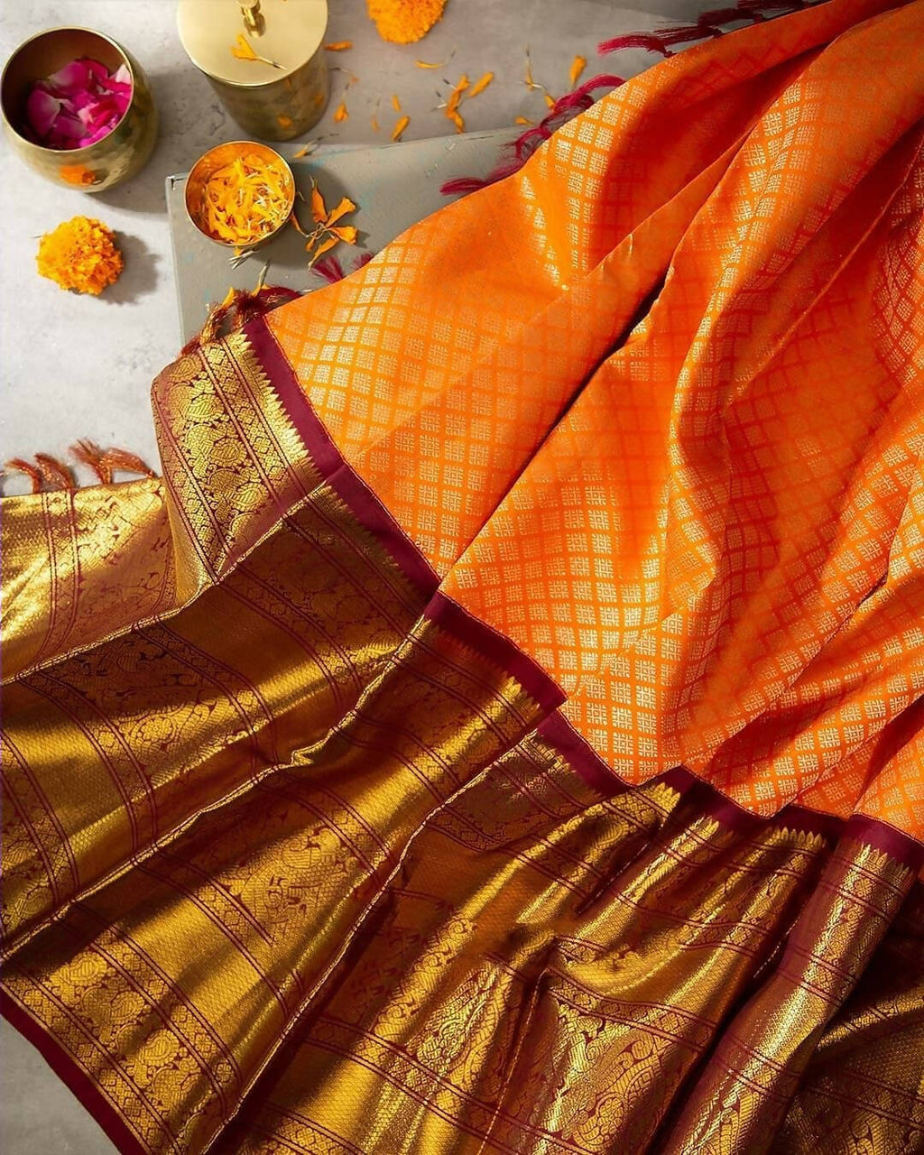 DEIANA'S Beautiful Designer Golden zari Soft Lichi Silk Saree - Orange