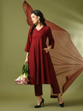 Myshka Women's Maroon Embroidered Cotton A-Line Party Kurta Set With Dupatta