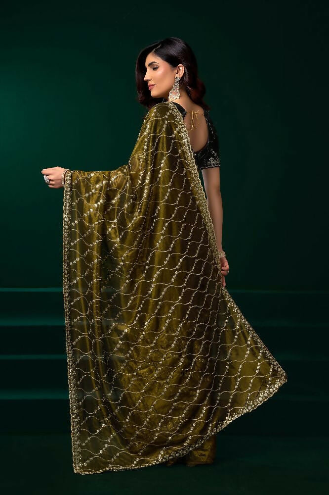 Joban Fashion Mehandi Green Net Party Wear Sarees - Distacart