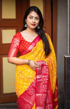 Yellow Jute Silk Printed Saree with Unstitched Blouse - Hiral Fashion