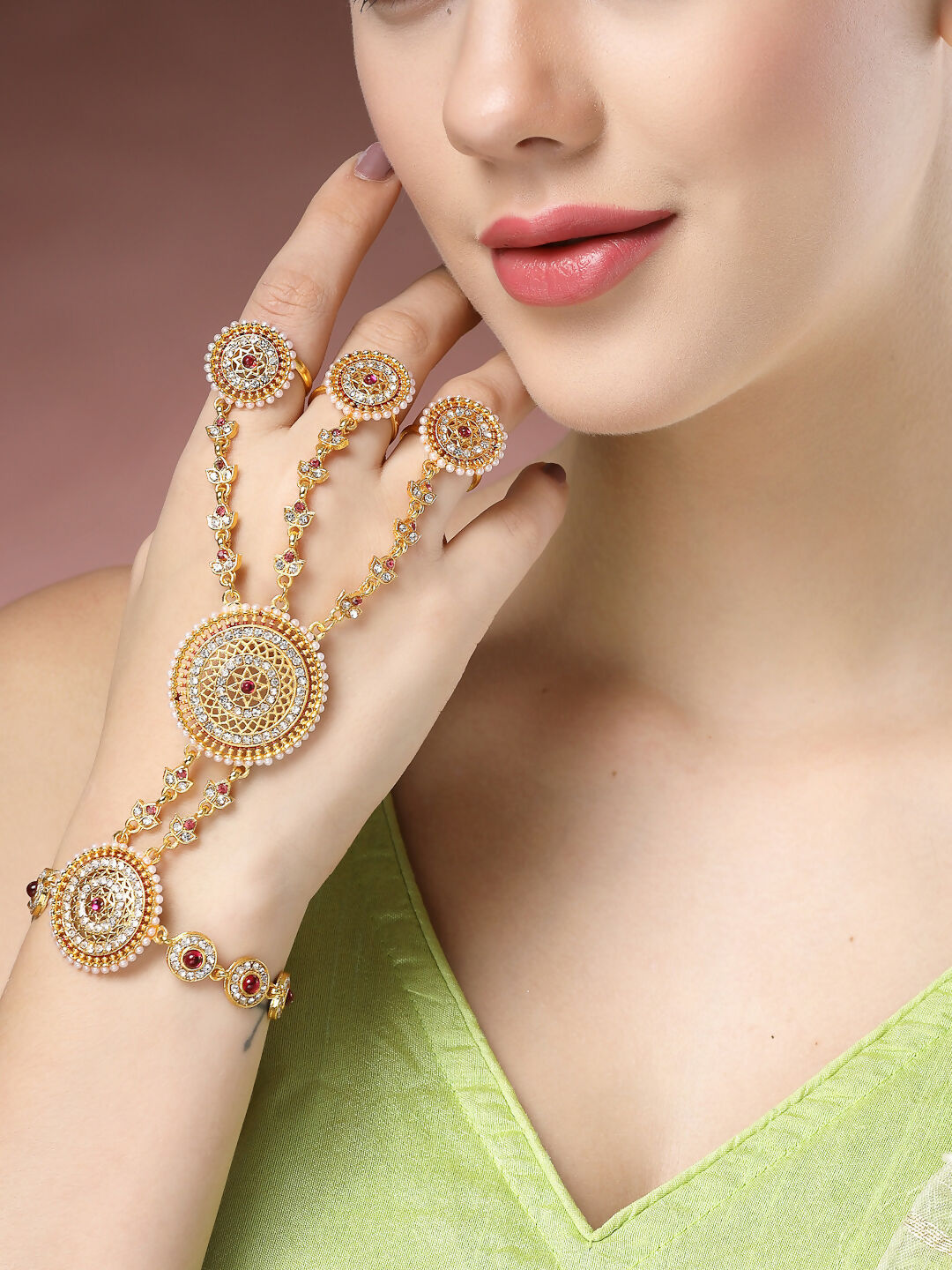 NVR Women's Gold-Polished CZ Stone-Studded Handcrafted Ring Bracelet - Distacart