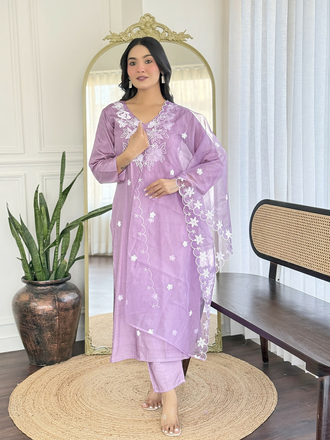 The52 Women Beautiful Thread work Rayon Fabric with Straight Kurta, Pant and Dupatta Set - Distacart
