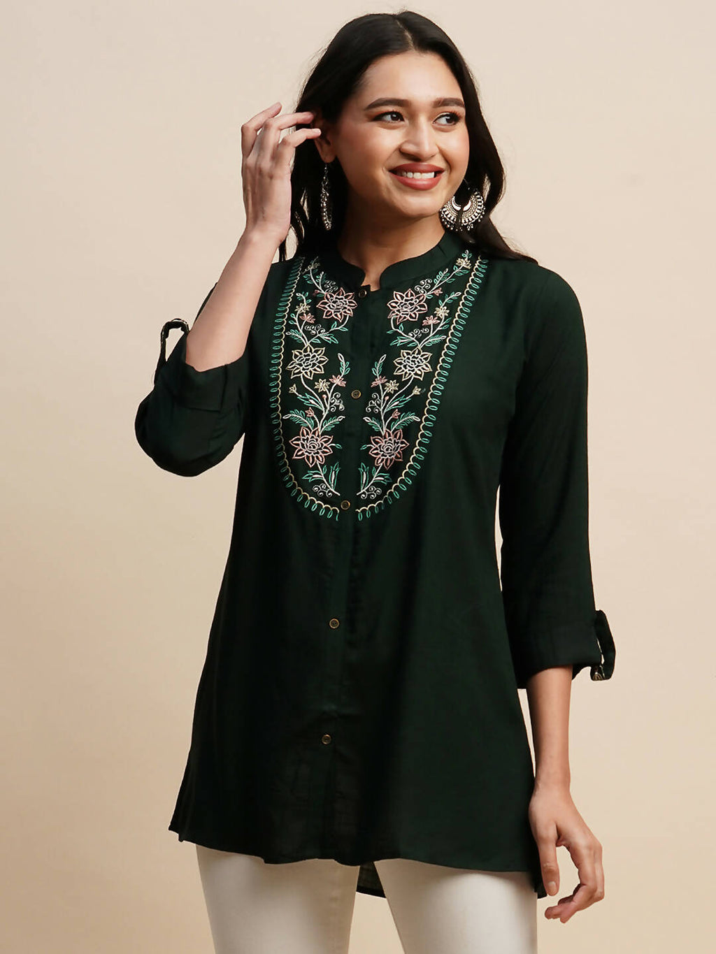 Dark Green Rayon Embroidered Top - Tarini