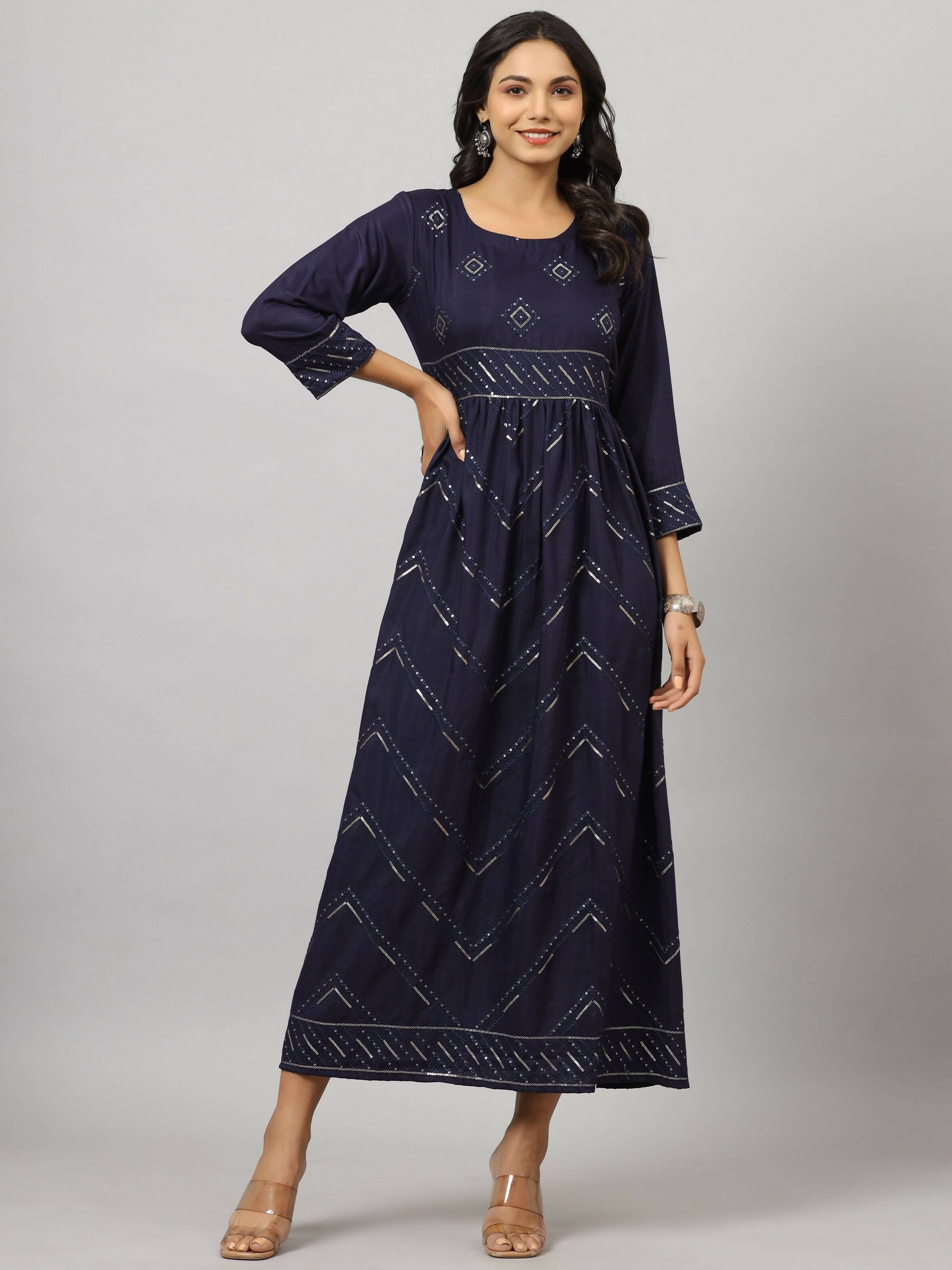 Juniper Women's Navy Festive Printed Flared Dress - Distacart